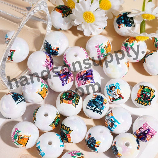 UV Coating Fantasy Space Saga Warrior & Alien Character Series Printed Round Acrylic Beads for Bracelets, 16MM, Random Mix