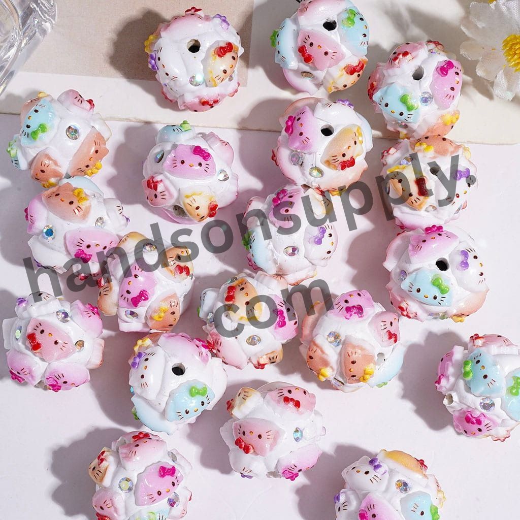 Cute Cat Character Dumpling Shape Clay Beads with Bowtie and AB Rhinestones, 18MM, Multi-Color Random Mix