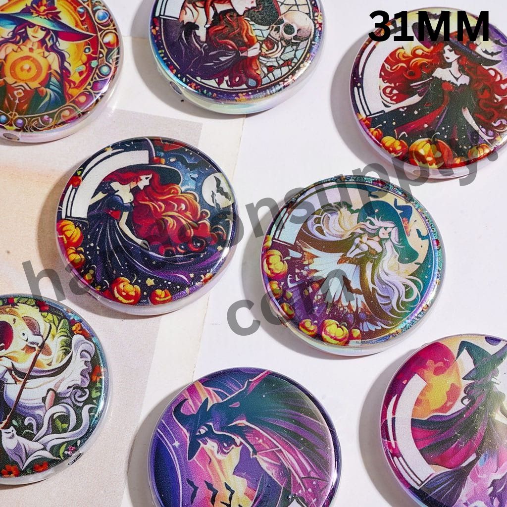 UV-Coated Witch-Themed Character Acrylic Beads, Flat Round Shape, 31MM, Random Mix