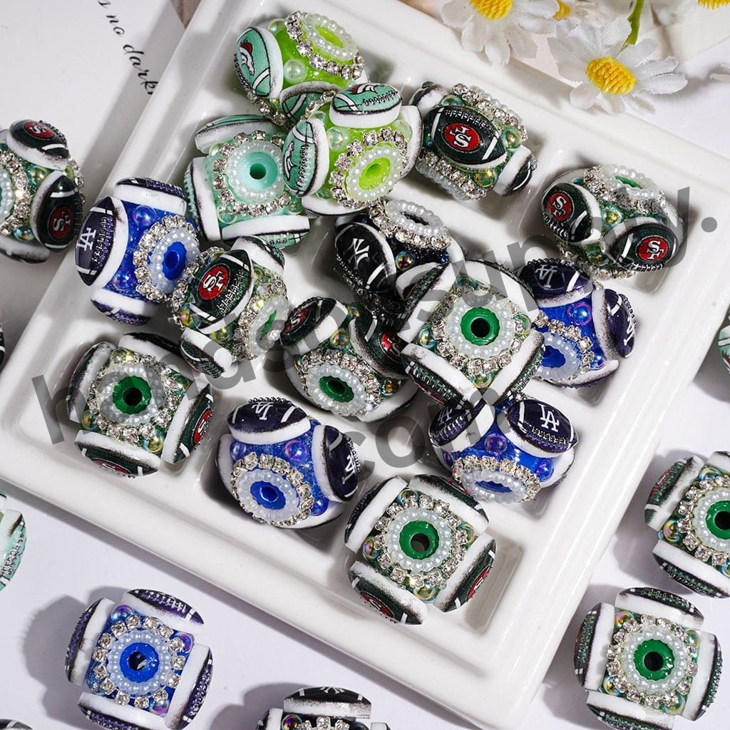 UV-Coated Sporty American Football & Baseball Team Designs with Half-Shell Pearl, AB Rhinestone & Silver-Gold Chains, Handmade Acrylic Beads, 22MM, Random Mix