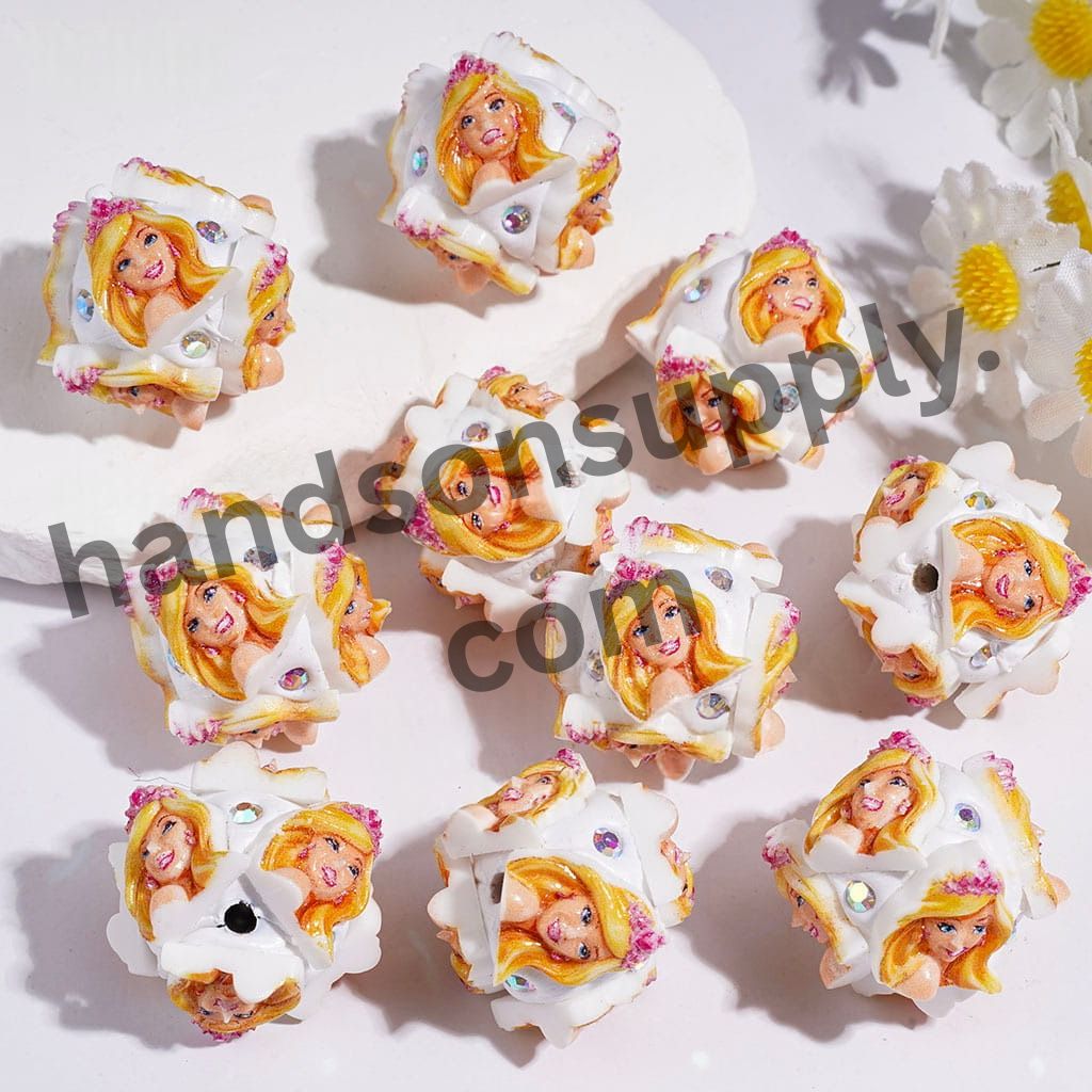 Fashion Doll Girl Princess Character with AB Rhinestones, Round Clay Beads, 20MM Random Mix