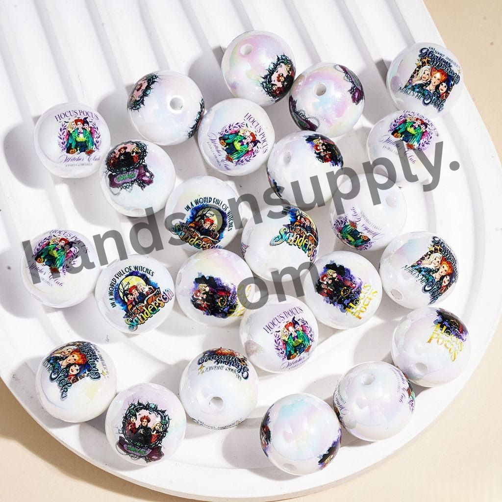 UV Coating Halloween Spooky Sister Hocus Pocus Witches Character Printed Round Acrylic Beads for Bracelets, 16MM, Assorted Designs, Random Mix