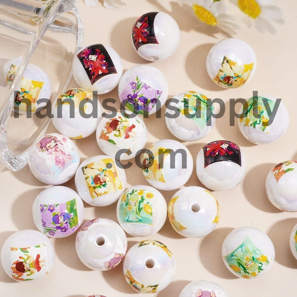 Cute Cultural Style Girl Character UV Coated Glossy Printed Round Acrylic Beads for Bracelet, 16MM, Random Mix