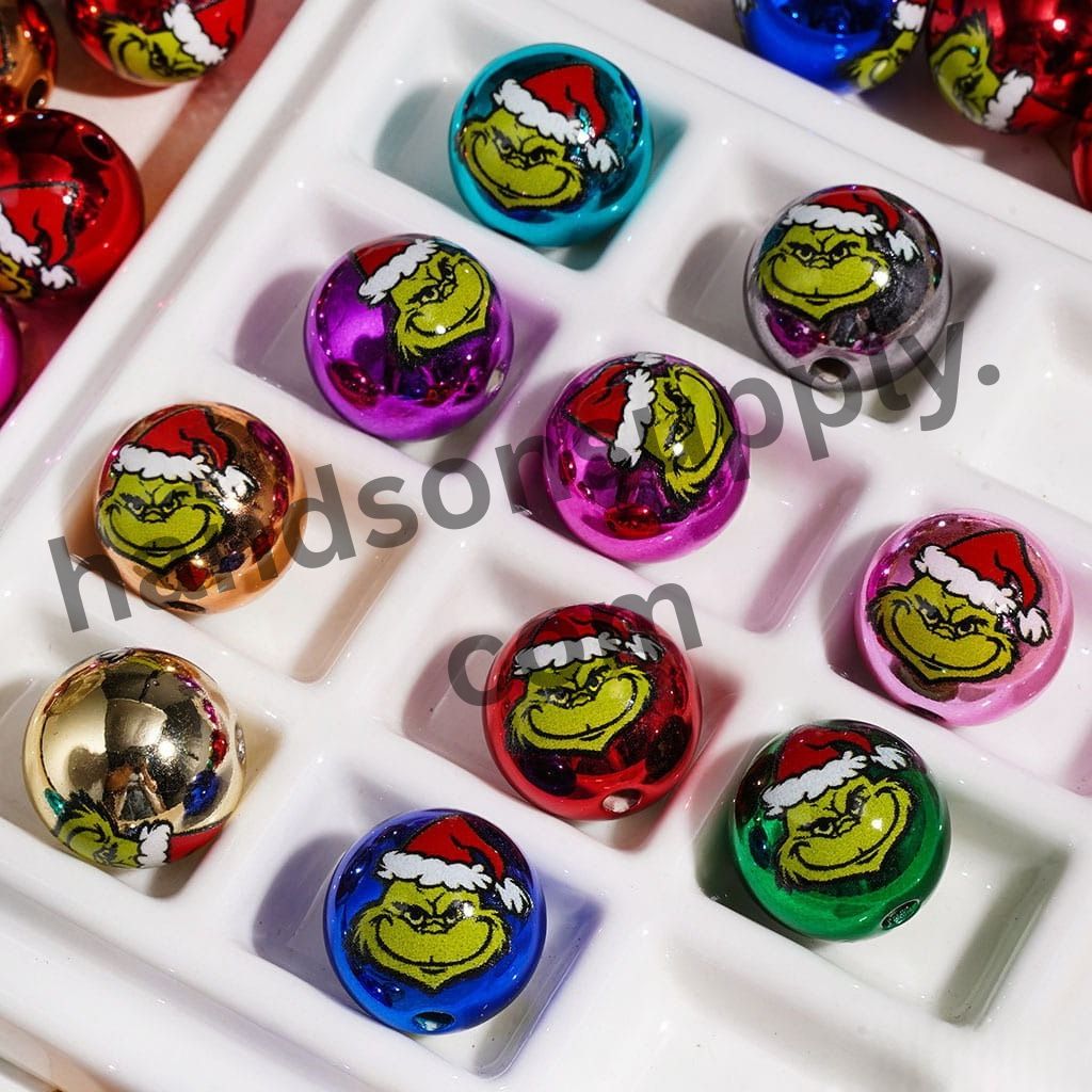Metallic Green Character with Christmas Hat, Acrylic Beads for Bracelets, 16MM, Multi-Color, Random Mix