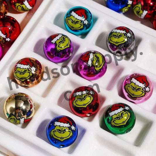 Metallic Green Character with Christmas Hat, Acrylic Beads for Bracelets, 16MM, Multi-Color, Random Mix