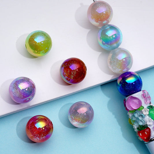 Shiny Round Colorful UV Finish Cat Eye Style Glittery Acrylic Beads, Random Mix, 16MM