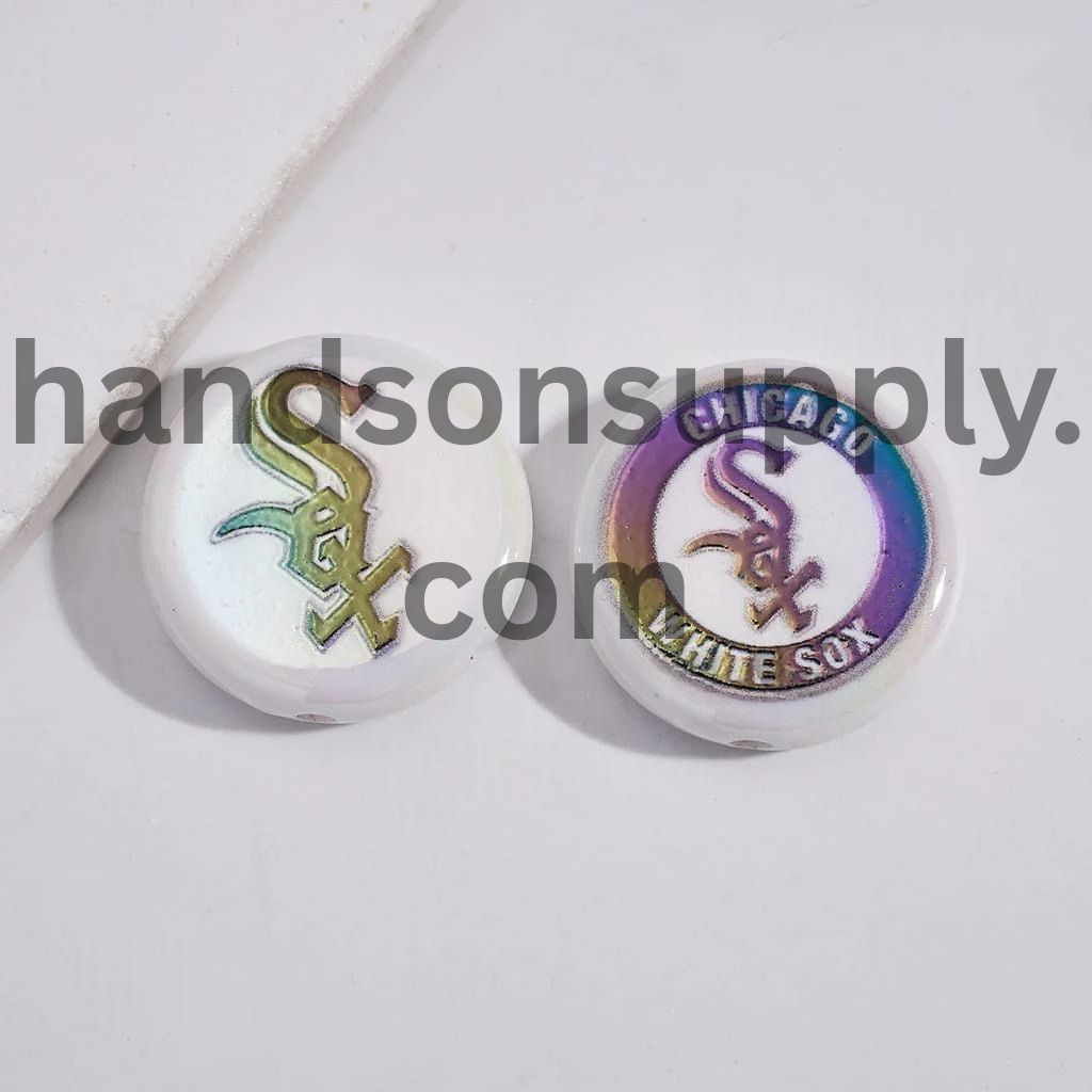 UV Coating with Sports American Baseball Series Acrylic Beads, Around 24MM, Flat Round Shape