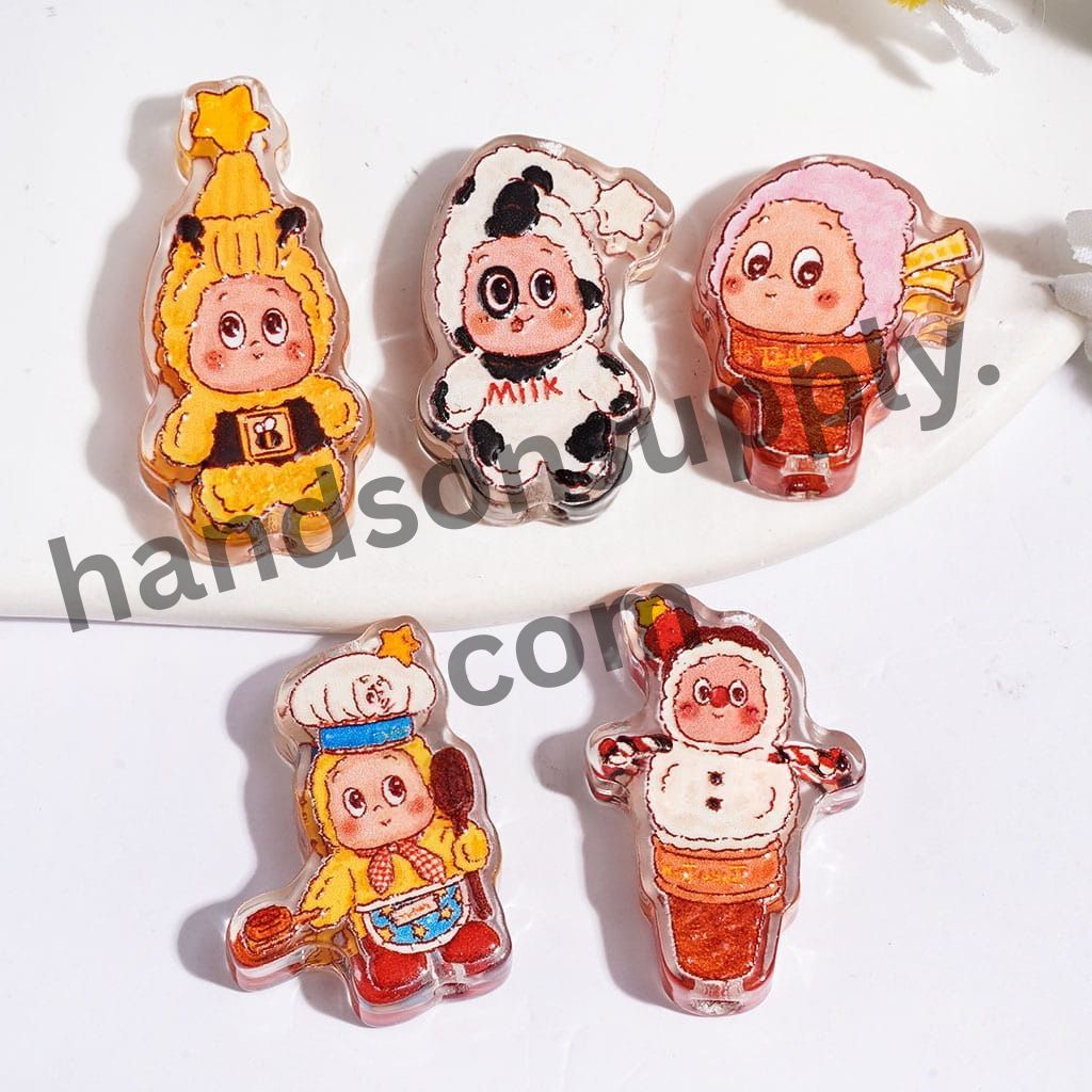 Cute Baby Star Doll Character Prints, Assorted Designs Acrylic Beads, Semi-Clear, Random Mix