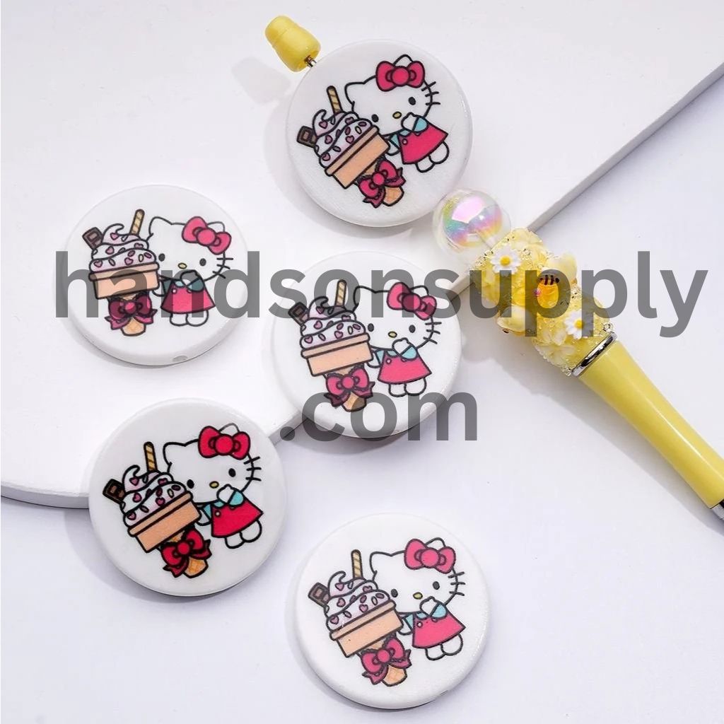 Round Flat Cute Cat Character with Blue Wings Ice Cream Drives a Car Unicorn Adorable Character Acrylic Beads, Around 38MM