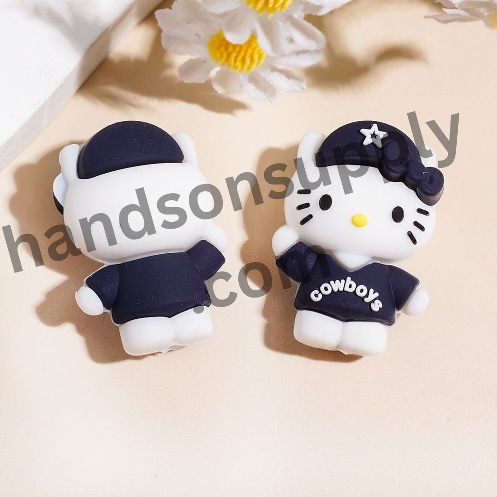 Cute Cat Cowboy Characters Wearing American Football Cap with Star Silicone Focal Beads, 30MM, Assorted Colors, Random Mix