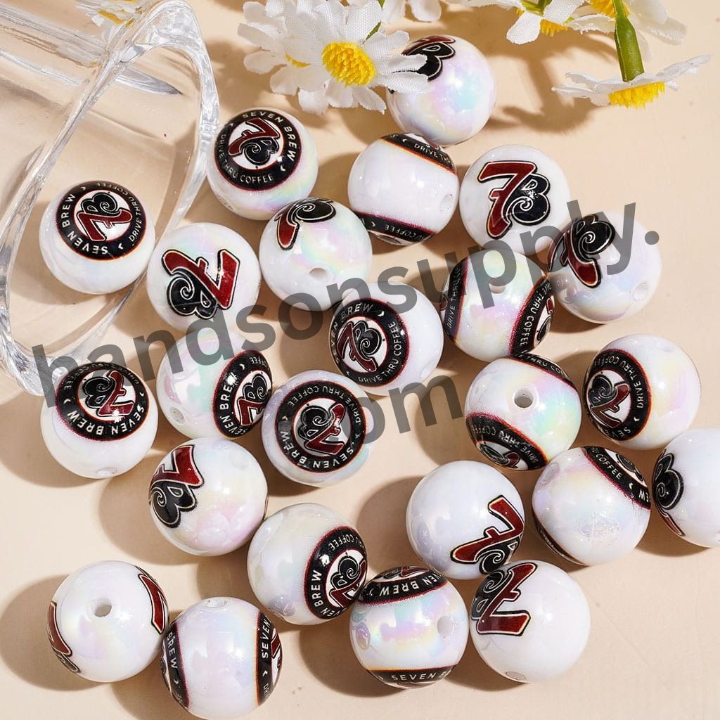 UV-Coated White Pearl Coffee Theme Round Acrylic Beads for Bracelets, 16MM, Random Mix