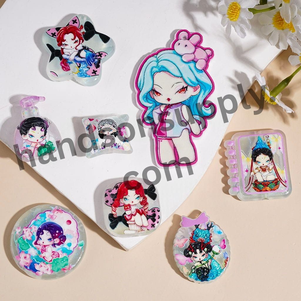 Ancient Girl & Lotus Flower Printed Acrylic Beads Pendants, Assorted Shapes & Designs, Random Mix
