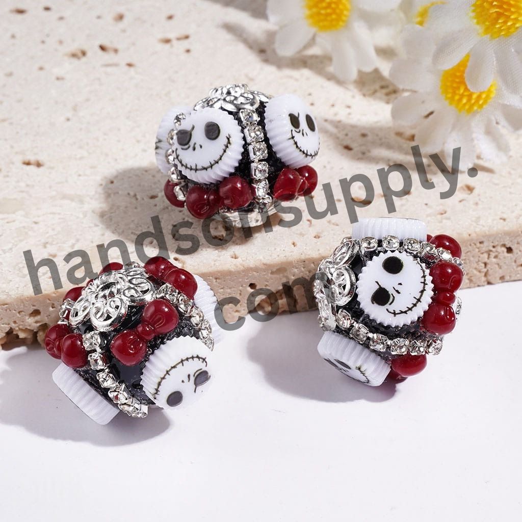Halloween Nightmare Skull Skeleton Couple Character with Bowtie and Clear Rhinestone Chains, Handcrafted Acrylic Beads, 20MM Random Mix