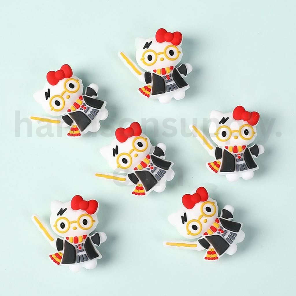 Harr Potte 3D Theme Hello Kitt in Magic Robe with Wand, Glasses, Red Bow Silicone Focal Beads