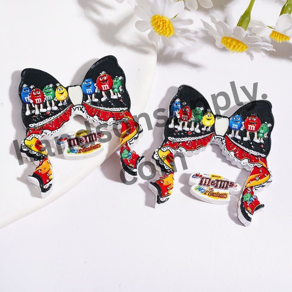 Cute Funny Candy Character Black and White Bow and Piece, Acrylic Beads with Colorful Chocolate Print, (Please Read Description)
