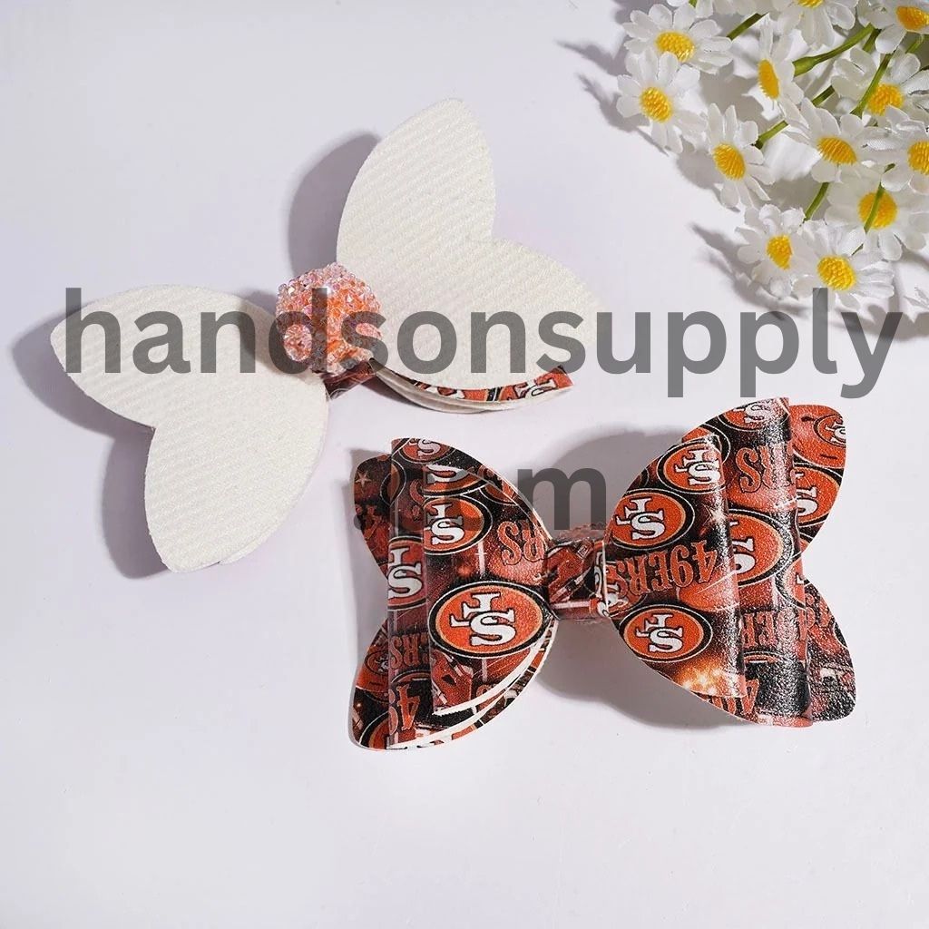 Sporty USA Football Team Pattern Printed Fabric Bowtie with Sparkling AB Rhinestone & Clear Ball Chains Acrylic Sugar Beads