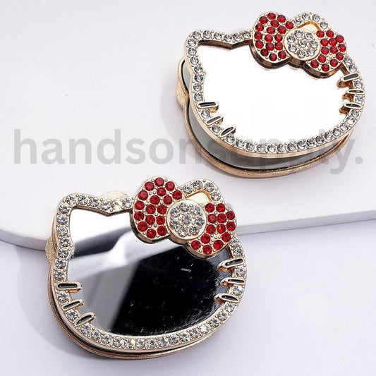 Fancy Gold Silver Hello Kitty Inspired Mirror with Rhinestones & Pearls Clay Beads, Around 55*49MM