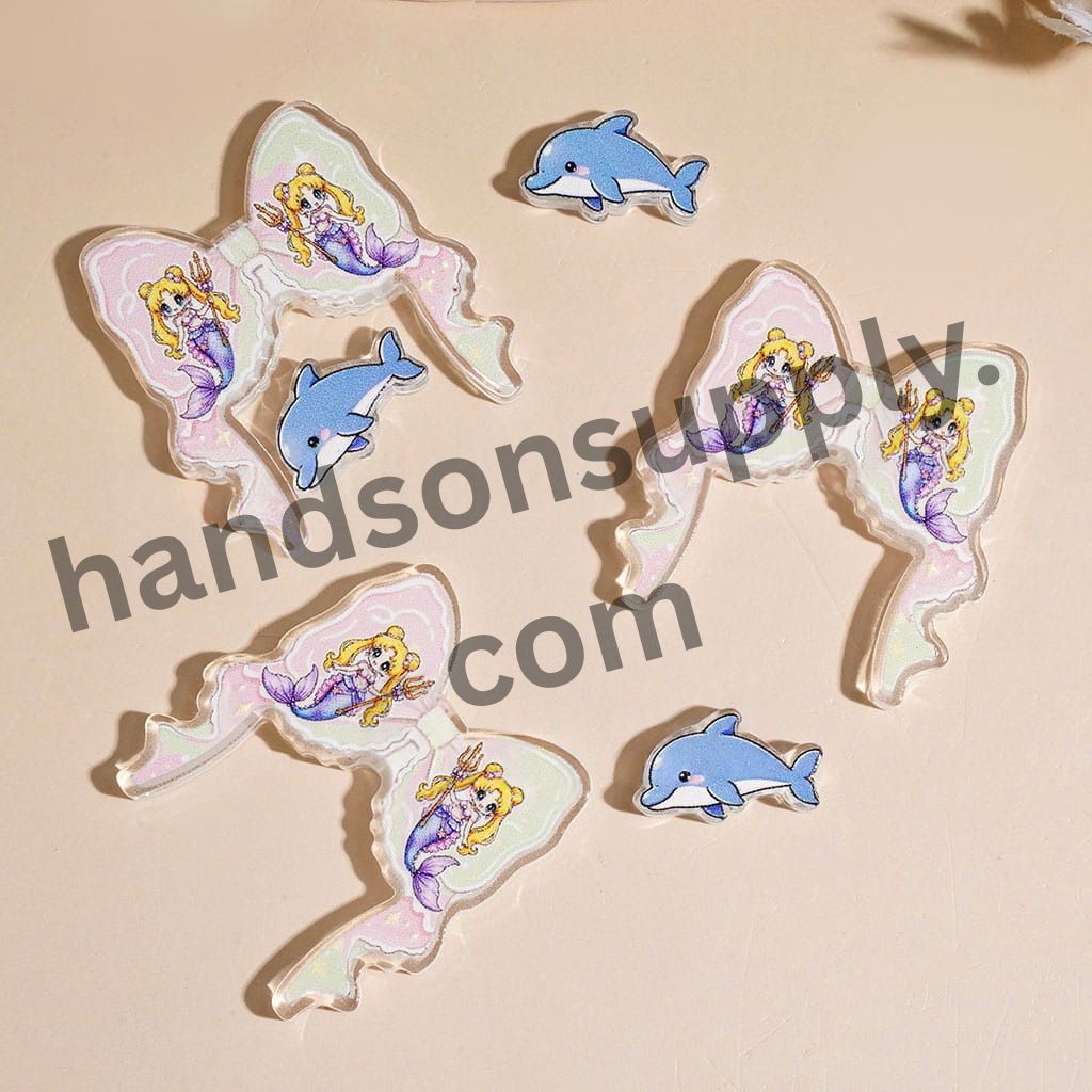Cute Marine Life Theme Bow Shape Acrylic Beads Mini Small Ornament Piece, 37*39MM, Variant Designs, Random Mix