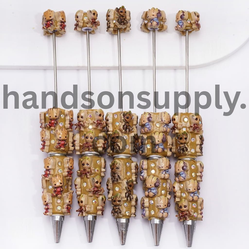 Galaxy Guard Team Withered Wood Character, AB Rhinestones, Black & Light Brown-Yellow Pen Body Beadable Clay Pens
