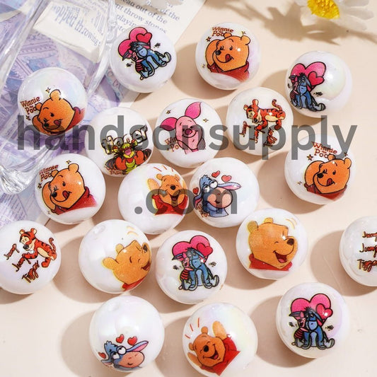 UV Coated Adorable Bear, Tiger, Donkey and Pig Character Series Printed Round Acrylic Beads, 16MM, Random Mix