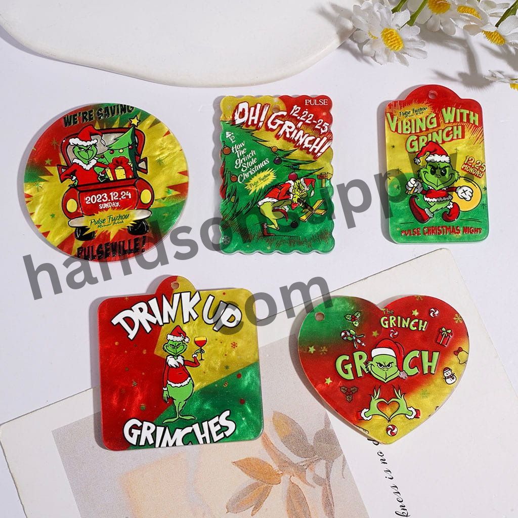Cute Christmas Green Character Series Acrylic Beads for Charms & Pendants, Green Red & Yellow Tone, Random Mix