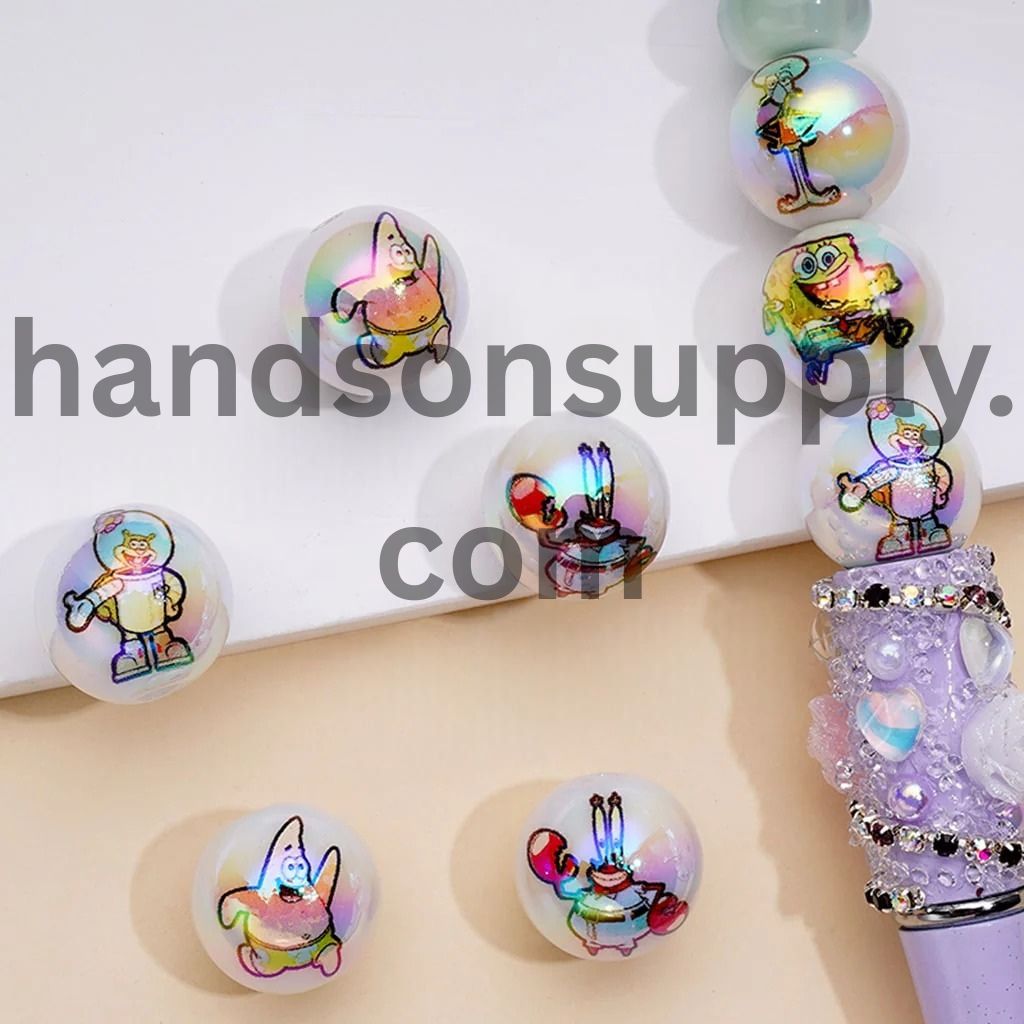 UV Coating White Sponge Cartoon Characters Acrylic Beads, Random Mix, 16MM