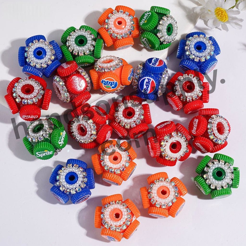 Canned Soda Bottle Cap Design Handmade Acrylic Beads with AB Rhinestones and White Pearl Chains, 20MM, Assorted Colors, Random Mix