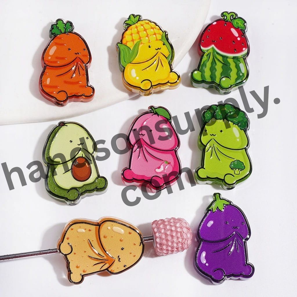 Adorable Man Exclusive Theme Cartoon Fruit and Vegetable Acrylic Beads, Diverse Designs, Random Mix