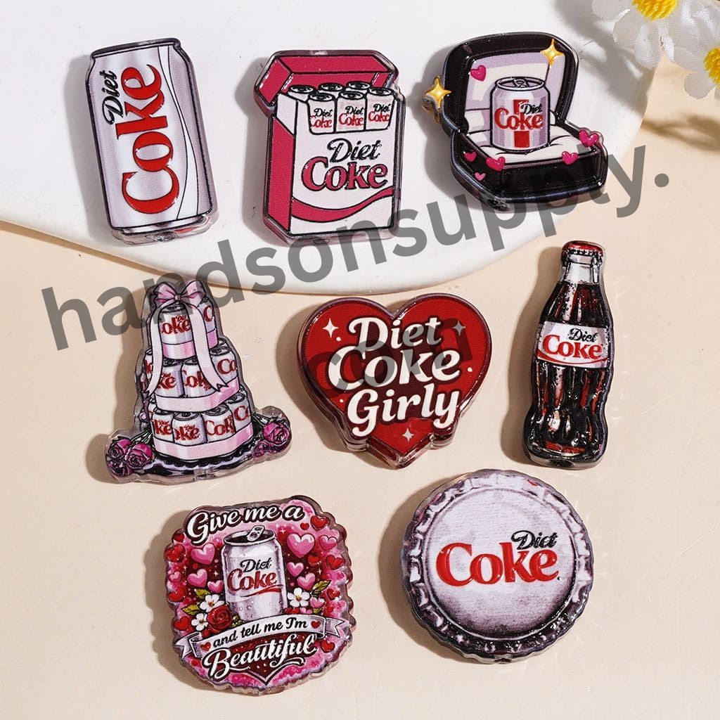 Canned and Bottled Soda Carbonated Soft Drink Printed Acrylic Beads, Assorted Shapes & Designs, Multi-Color, Random Mix