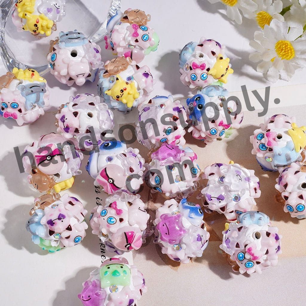 Cute Cartoon Small Monster Animal Characters with AB Rhinestones, Clay Beads, 20MM, Multi-Color Random Mix