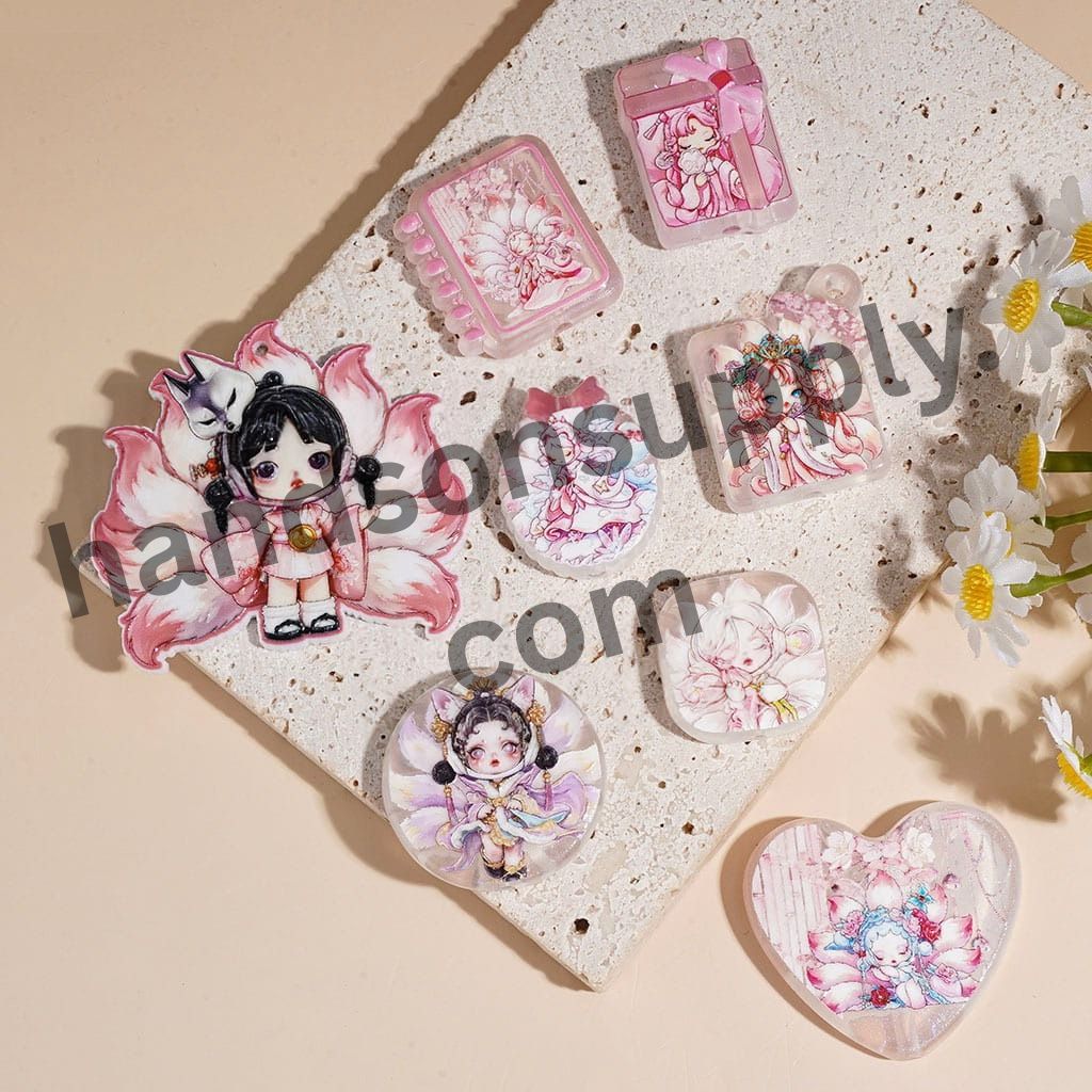 Nine-Tailed Fox Girl Pink Series Printed Acrylic Beads Pendants, Assorted Shapes & Designs, Random Mix