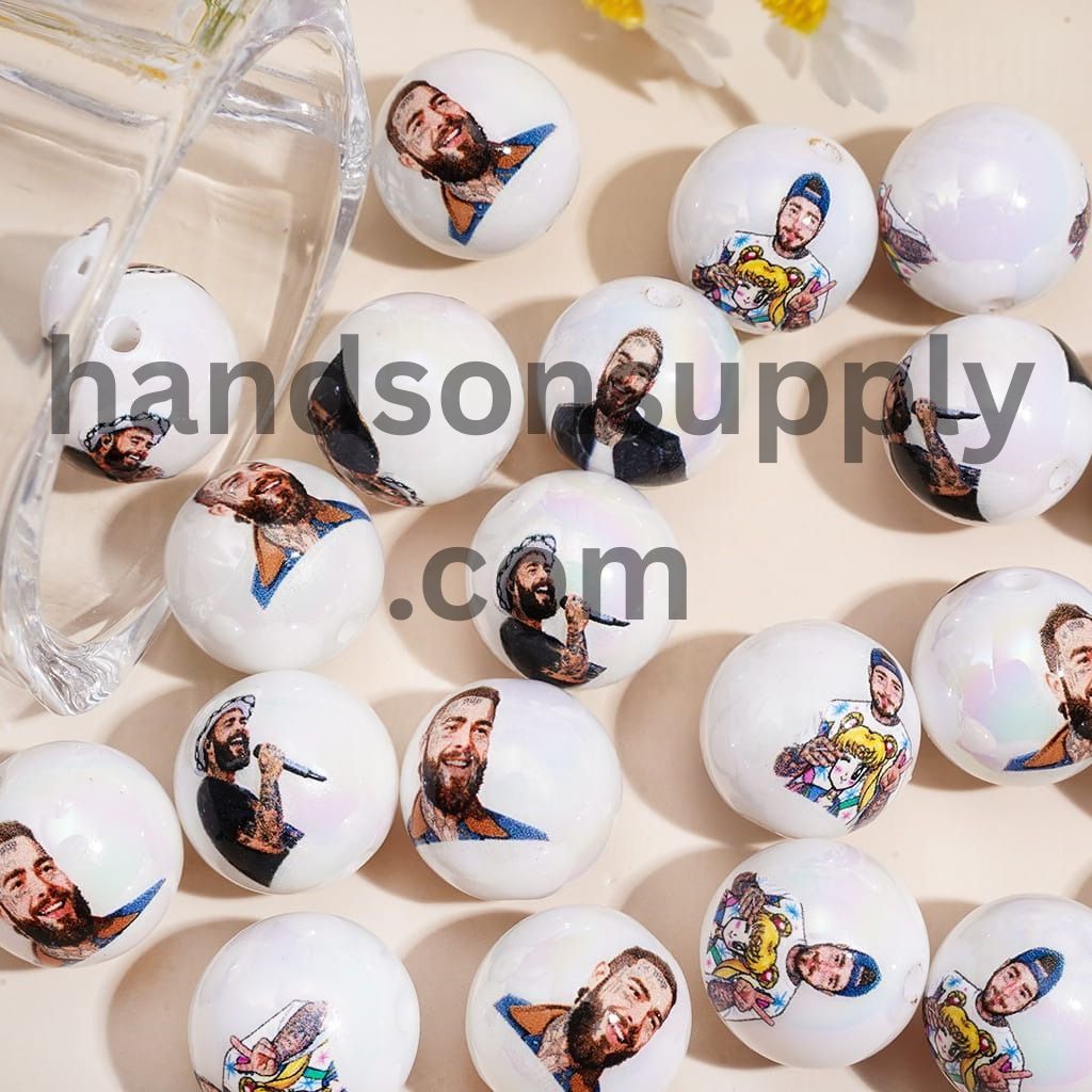 UV Coated Music Star American Hip-Hop Singer Series Printed Round Acrylic Beads for Bracelets, 16MM, Random Mix