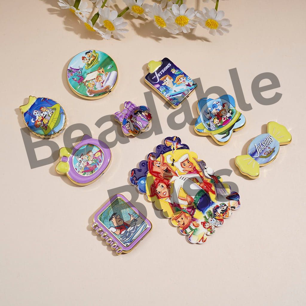 Acrylic Beads Pendant w Retro Cartoon Family Theme, Space Adventure Print, Random Mix