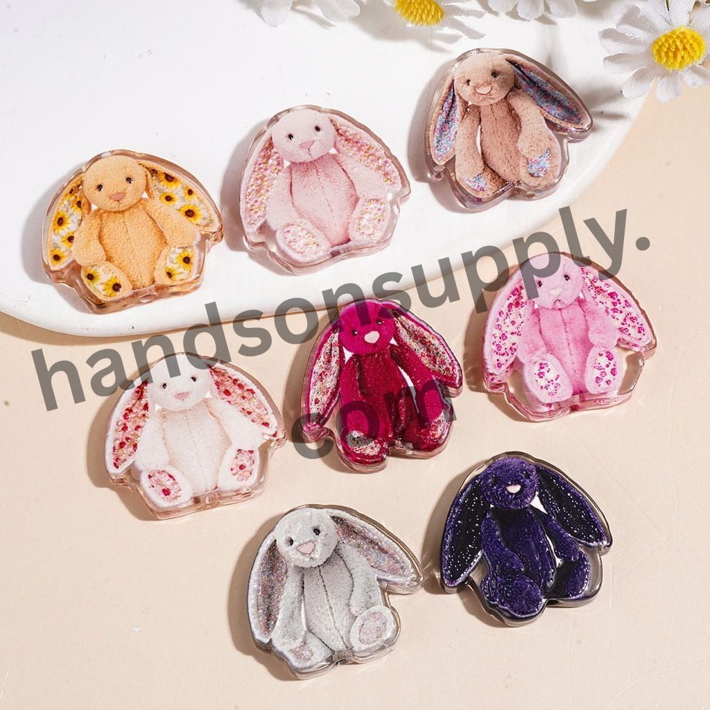 Cute Long-Eared Bunny Girl Acrylic Beads with Flower Details, Semi-Clear Finish, Assorted Colors, Random Mix