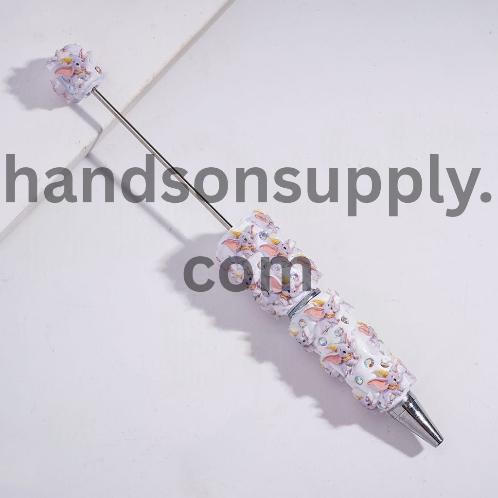 Flying Elephant Character Design, AB Rhinestones in Blue & Grey Color Beadable Clay Pens