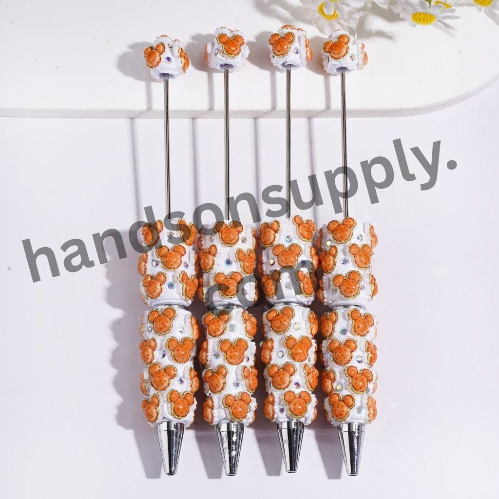 Orange Mouse Head Shaped Hamburger White Beadable Clay Pens with Rhinestones