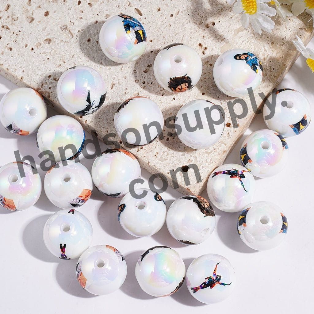 UV-Coated White Pearl USA Singer Anime-Inspired Character Print Round Acrylic Beads for Bracelets, 16MM, Random Mix