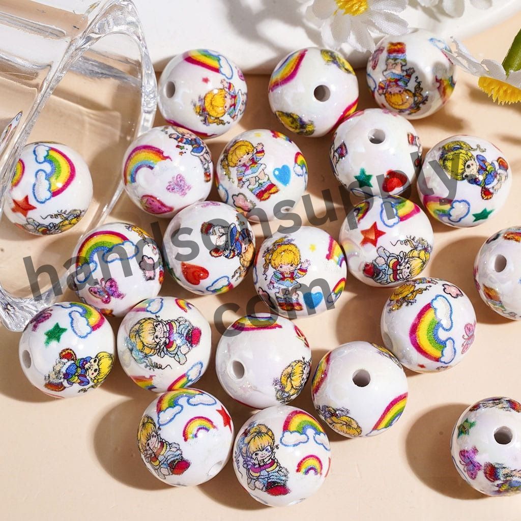 UV-Coated Rainbow Girl Character Print Acrylic Beads for Bracelets, 16MM, Random Mix
