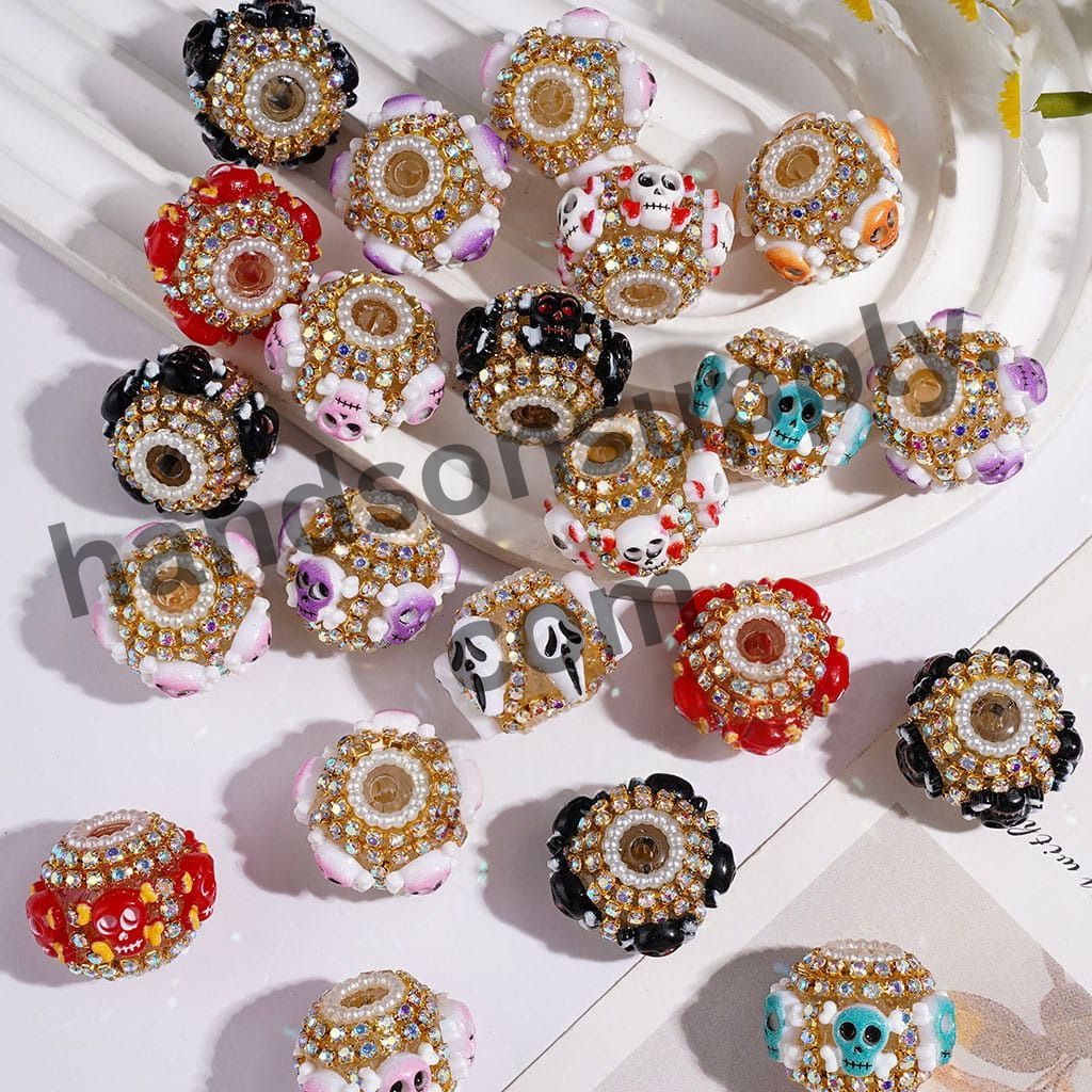 Halloween Horror Skull & Ghost Head Handcrafted Acrylic Beads with AB Rhinestones & White Pearl Chain, 22MM, Random Mix