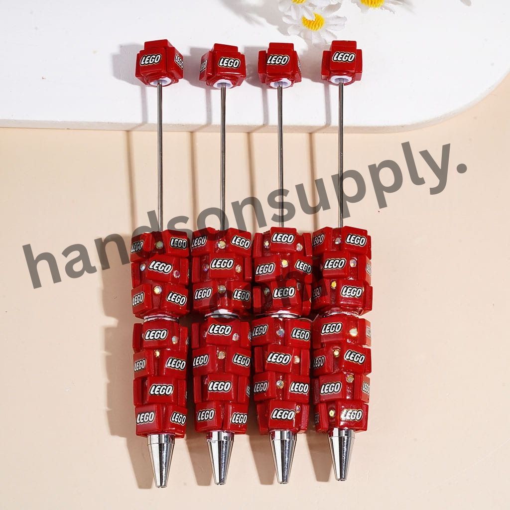 Red Building Block Inspired Bricks Pattern with AB Rhinestones, Toy Brick Theme, Beadable Clay Pens, Random Mix