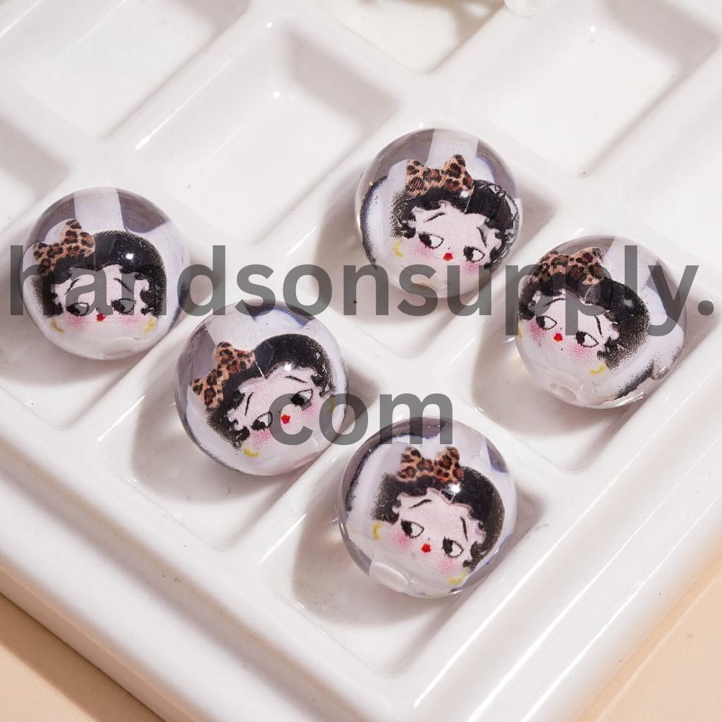 Embedded Old Girl Character Wearing Bowtie Design Inside Round Acrylic Beads 16mm