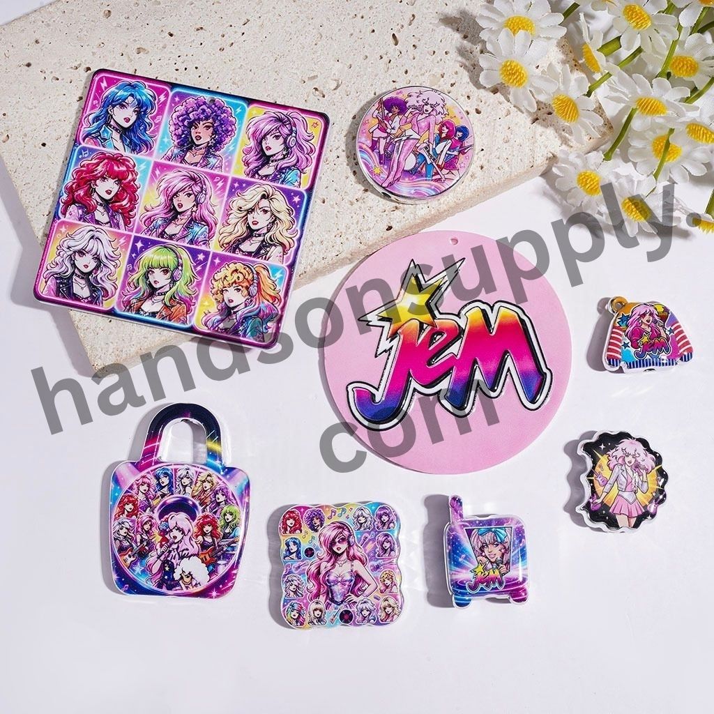 Cute Retro-Style Rock Singer Character Pink Series with Silver Border Acrylic Bead and Pendants, Random Mix