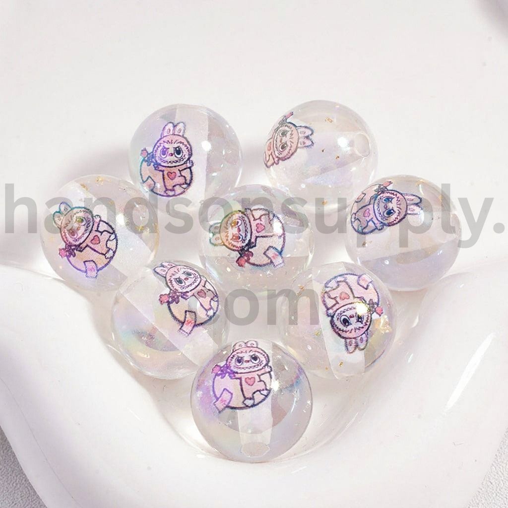 Cartoon Monster in Blue Pink with Gold-Silver Foil Clear Round Acrylic Beads 16mm
