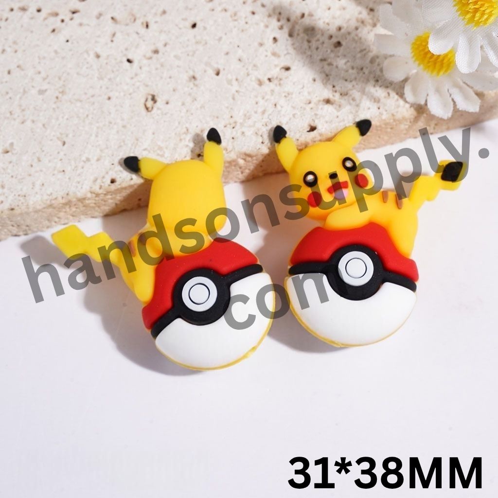 3D Cute Yellow Small Electric Monster Character Lying on Colorful Magic Ball Silicone Focal Beads, 31*38MM