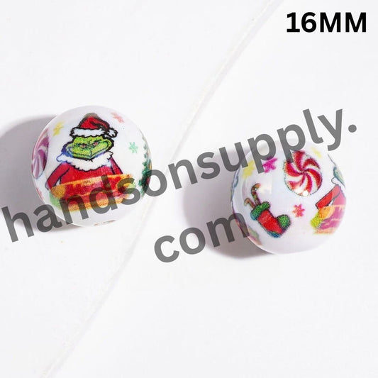UV-Coated Christmas Green Character in Red Sweater with Candy Cane, Snowflake & Tree Printed Round Acrylic Beads for Bracelets, 16MM, Random Mix