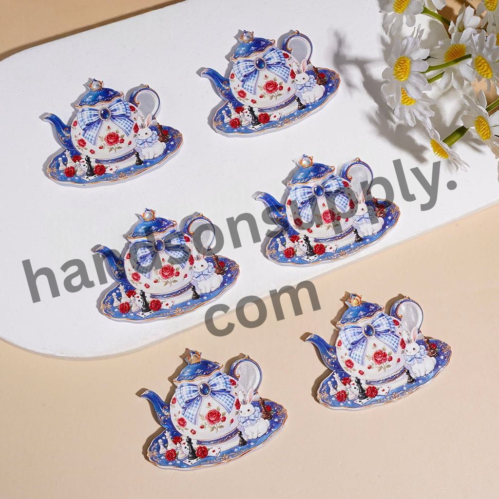 Vintage Floral Teapot Acrylic Pendant with Poker Rabbit, Blue Bow, Chess Pieces & Red Rose Design, 47*38MM