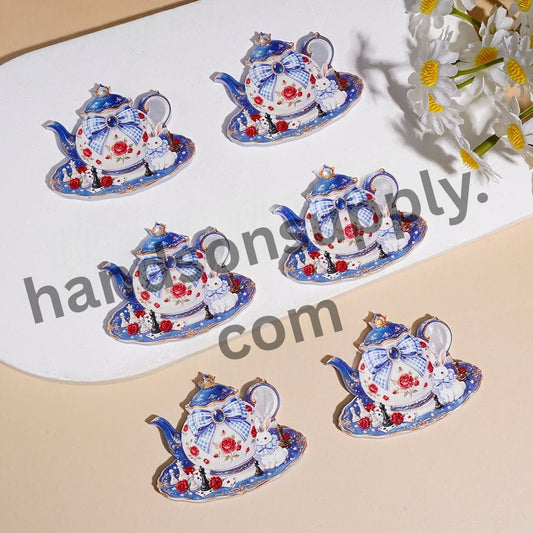 Vintage Floral Teapot Acrylic Pendant with Poker Rabbit, Blue Bow, Chess Pieces & Red Rose Design, 47*38MM