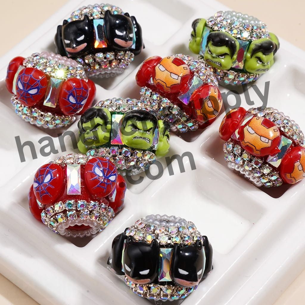 Superhero Character Handmade Acrylic Beads with Clear Rhinestone Chain & AB Crystal Spacer, 22MM, Multi Colors Random Mix
