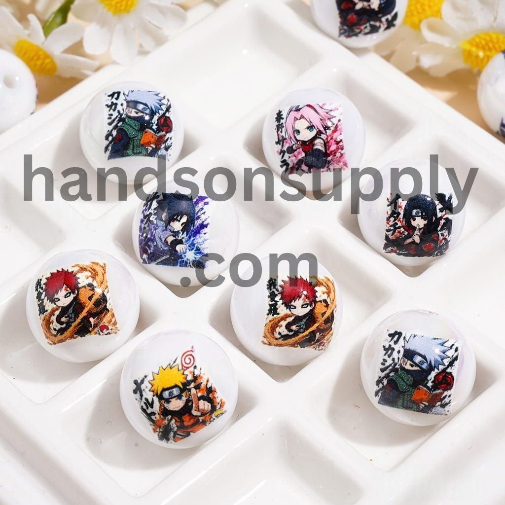 Fire Ninja Japanese Anime Character Series Glossy UV Coated Printed Round Acrylic Beads for Bracelets, 16MM, Random Mix