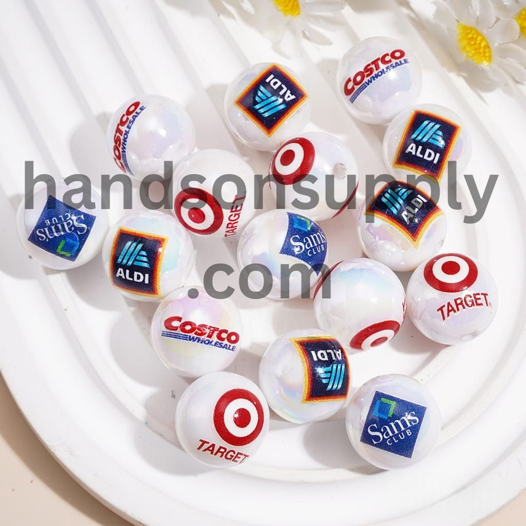 Brand Supermarket Logo Printed Custom Style, Acrylic Beads for Bracelets, 16MM Random Mix
